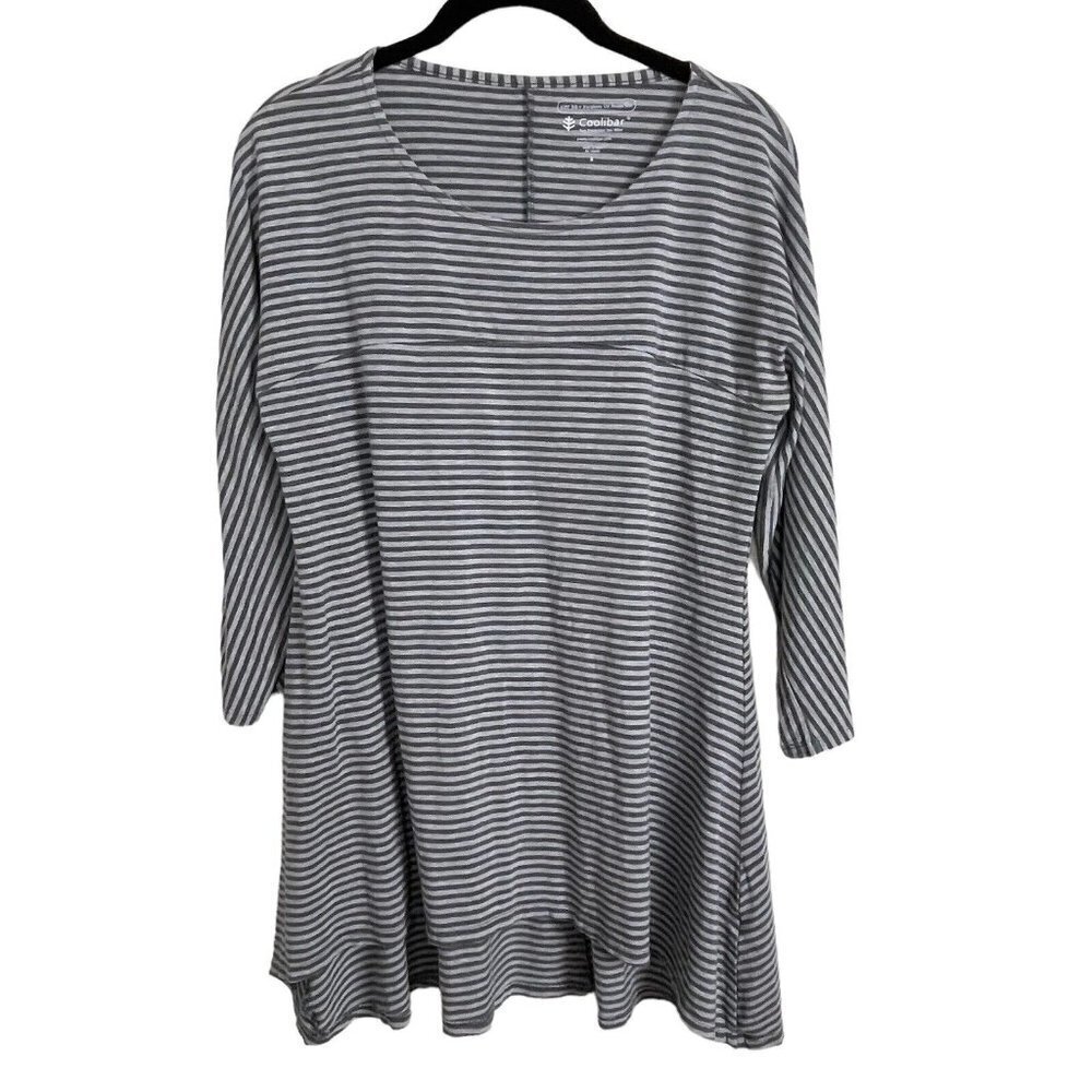 Coolibar UPF 50+ Tunic Top S Gray Stripe Long Sleeve‎ High Low Sun Shirt Resort